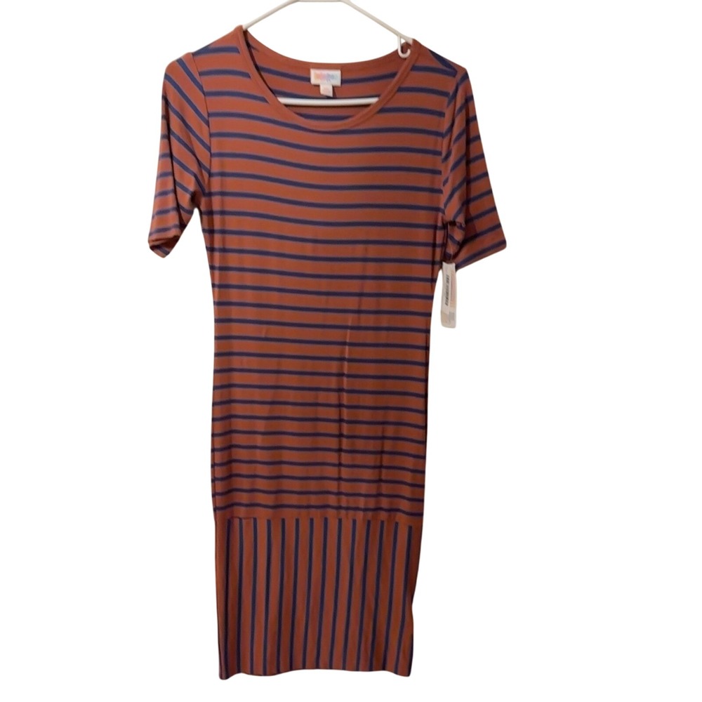 LuLaRoe XS Women's Casual Dress Rust Blue Striped Short Sleeve Knit New
